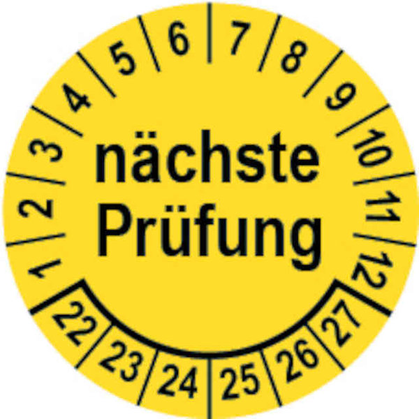 Prüfplakette Ø 20 mm "nächste Prüfung" gelb/schwarz; 1 VPE (200 Stück)