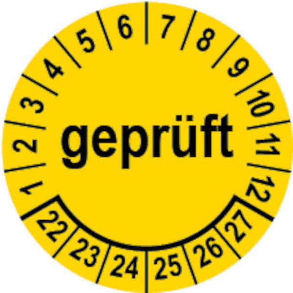 Prüfplakette Ø 30 mm "geprüft" gelb/schwarz; 1 VPE (200 Stück)