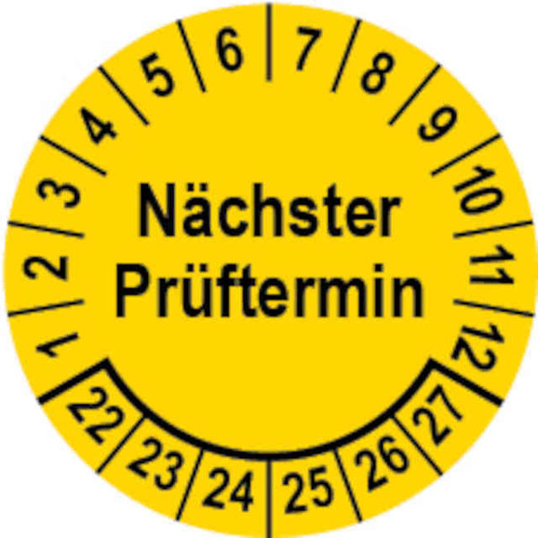 Prüfplakette Ø 20 mm "Nächster Prüftermin" gelb/schwarz; 1 VPE (200 Stück)
