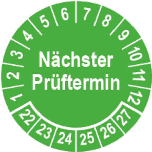 Prüfplakette Ø 20 mm "Nächster Prüftermin" grün/weiß; 1 VPE (200 Stück)