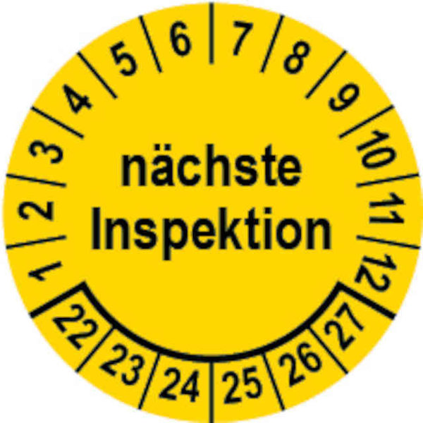 Prüfplakette Ø 20 mm "nächste Inspektion" gelb/schwarz; 1 VPE (200 Stück)