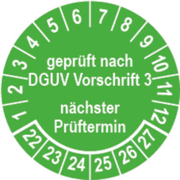 Prüfplakette Ø 35 mm "geprüft nach DGUV Vorschrift 3" grün/weiß; 1 VPE (200 Stück)