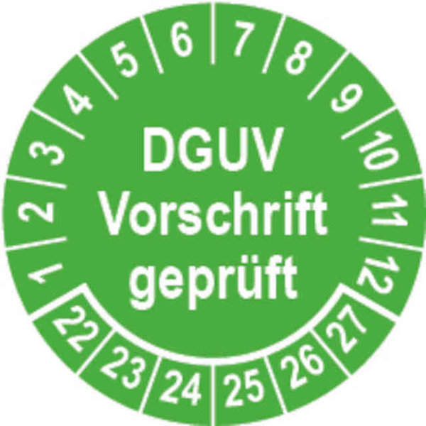 Prüfplakette Ø 20 mm "DGUV Vorschrift geprüft" grün/weiß; 1 VPE (200 Stück)